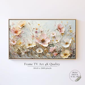 以下が含まれることがあります： 柔らかく質感のある背景に、繊細なピンクと白の花が咲き乱れるデジタルペイント。花は緩やかに流れるようなパターンで配置され、動きと気まぐれさを表現しています。絵画は金色の額縁に収められ、4K解像度です。
