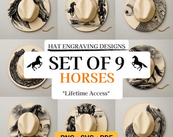 Juego de 9 diseños para pirograbar sombreros, plantilla para pirograbar sombreros con diseño de caballo, diseño para grabado láser, plantilla para pirograbar sombreros, plantilla para pirograbar sombreros de ala ancha