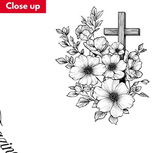 May include: A black and white line drawing of a wooden cross and floral arrangement. The flowers have detailed petals and leaves. The words "Close up" are in a red box in the upper left corner.