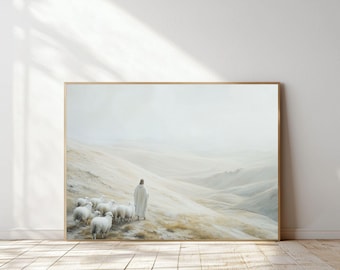 Faithful Shepherd, Jesus Leaves the 99 Wall art, DIGITAL PRINT, Minimalist Neutral Painting, Modern Bible Printable Art, Scripture Wall Art