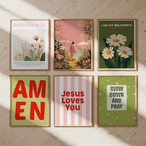 Trendy Christian Wall Art Bundle Gallery Summer Set, Pink Green Theme, Bible Verse Wall Art, Above Bed Art, Preppy Posters, Apartment Decor