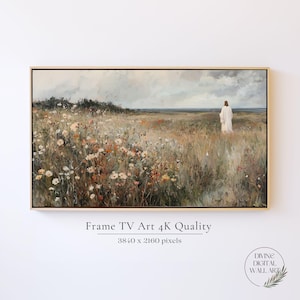 May include: A framed landscape painting shows a figure in white robes in a field of wildflowers. The artwork uses a muted colour palette with a cloudy sky and a distant horizon. Text at the bottom reads "Frame TV Art 4K Quality" and "3840 x 2160 pixels."