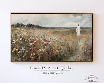 Jezus Frame TV Art, Samsung Frame TV Lentekunst, Christelijke kunst, Christus tussen de wilde bloemen, Religieuze kunst, Frame TV Bible Art Screensaver