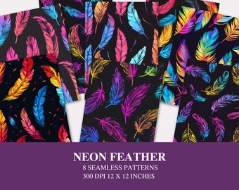 Neon Feather Seamless Pattern - Watercolor Boho Design, Rainbow Feather Colors on Black Background. Printable Scrapbook Digital Paper Pack