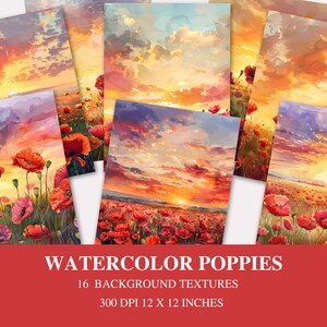 Fond de papier numérique prairie de coquelicots au lever du soleil, textures de champ floral pastel, lot de scrapbooking imprimable avec éclaboussures de formes aquarelle