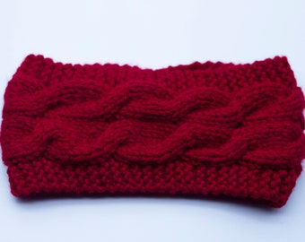 Cable Knit Headband For Women, Carmine Red Extra Soft Ear Warmer, Chunky Wide Headband, Handmade Gift For Mother, Merino Wool Headband