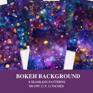 May include: A collection of eight seamless bokeh background patterns. Each pattern features a unique design with colorful, blurred light effects in shades of blue, purple, and gold. The patterns are 12 x 12 inches in size, with the text "BOKEH BACKGROUND" at the bottom.