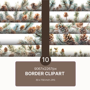 Clipart bordo pigna: carta digitale con ago sempreverde per acquerello per diari, cartoline e inviti spazzatura - pacchetto di album stampabili