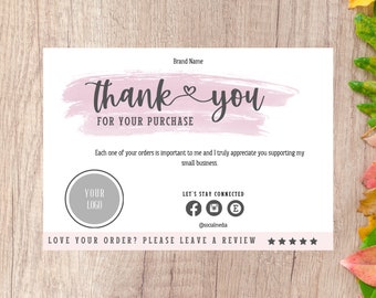 Modèle de carte de remerciement Canva modifiable, carte de vœux moderne gris-rose, petite carte de visite marketing DIY avec icônes sociales gratuites