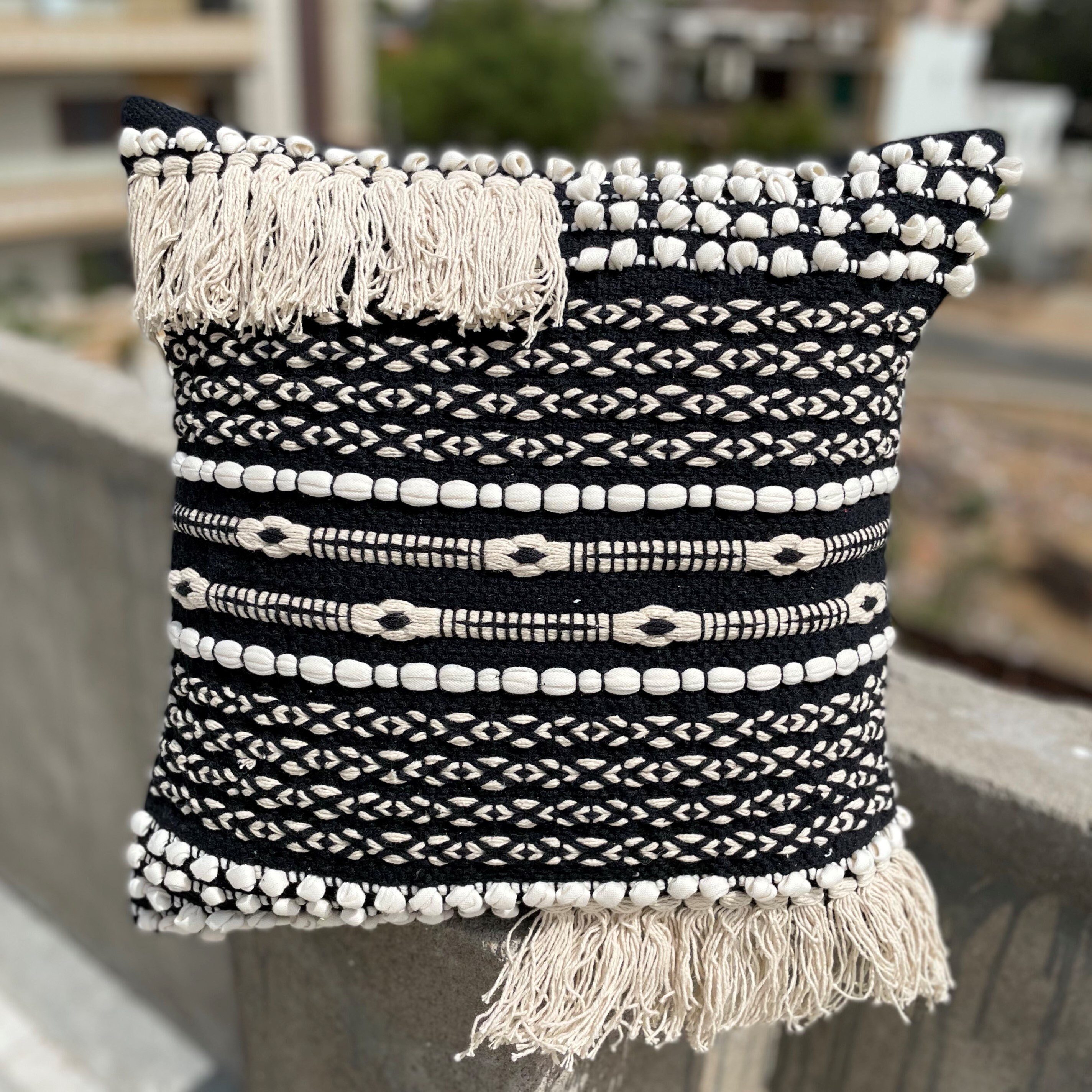 Black & White with Fringe Cotton Pillow Cover Bohemian pillow Etsy