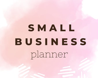 May include: A planner design with the words "SMALL BUSINESS planner" in dark brown font. The background features a watercolor effect in shades of pink and white, with white dashed lines at the bottom.