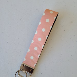 White Polka Dot On Peach Faux Leather Key Fob