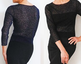 Tango Top, Black or Blue Velvet, 3/4 sleeves Blouse