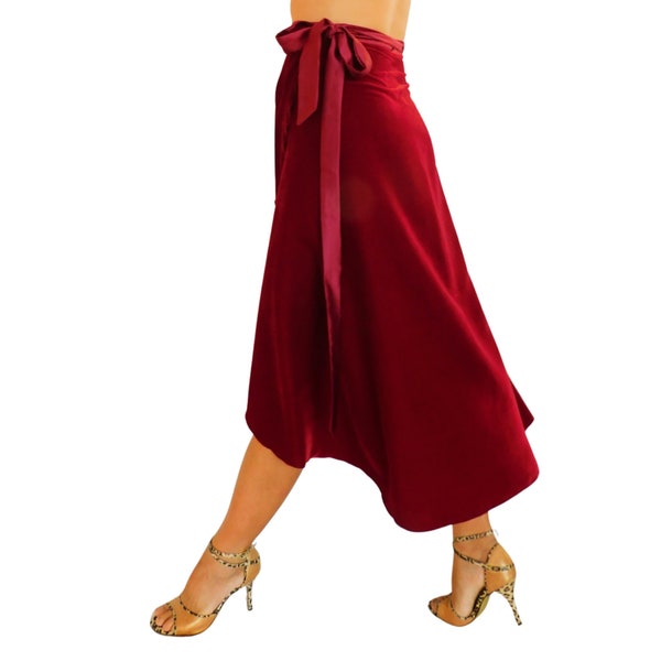 Jupe tango, jupe en velours bordeaux, jupe longue portefeuille
