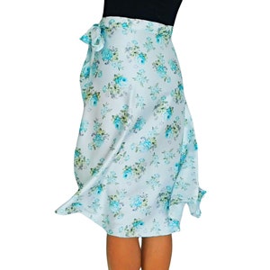 Tango Skirt, Blue Roses Satin Wrap Skirt, Knee Length