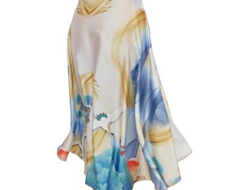 Jupe tango, jupe portefeuille en satin à imprimé floral héron, longueur mi-mollet