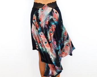 Tango Skirt, Black Jersey Skirt,  Peacock Feather Print, Mermaid Skirt, Flare, Knee Length