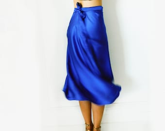 Jupe tango, jupe en satin bleu cobalt, jupe longue portefeuille