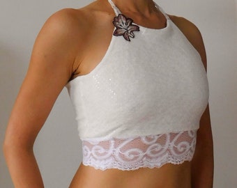 Tango Top, Sequins White Top, Halter Top, Crop Top