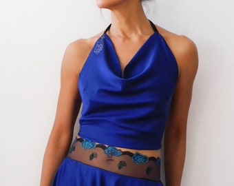 Tango Top, Halter Top, Cobalt Blue Satin, Drape Top, Cowl Neck