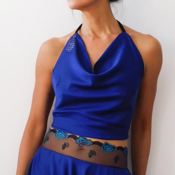 Tango Top, Halter Top, Cobalt Blue Satin, Drape Top, Cowl Neck