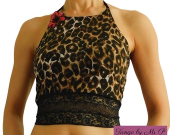 Haut Tango, Haut en soie rayonne imprimé léopard, Haut Halter, Top Crop