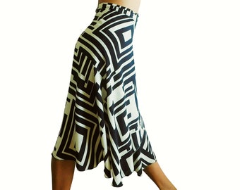 Tango Skirt, Geometric Print Rayon Wrap Skirt, Knee Length