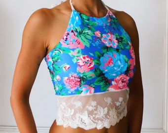 Tango Top, Roses Bleues Roses, Halter Crop Top