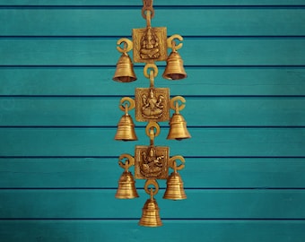 Ganesh Laxmi Saraswati Brass Hanging Bells, Wall Decor, Indian Wall Hanging Decor, Temple Decor Bells, Home Decor Hanging Bells