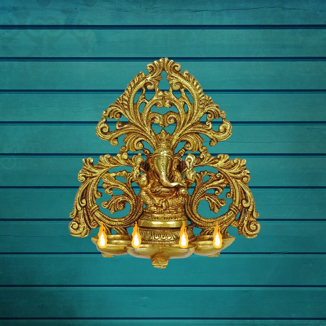 Ganesha Carving Hanging Brass Diya With Bells, Indian Decor Diya, Pooja