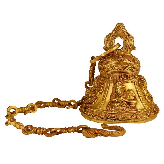 Ganesha Design Brass Hanging Bell, Hanging Decor, Chain for Home Temple,  Door, Hallway, Porch or Balcony Decor Gift Chain Length 24 Inches 