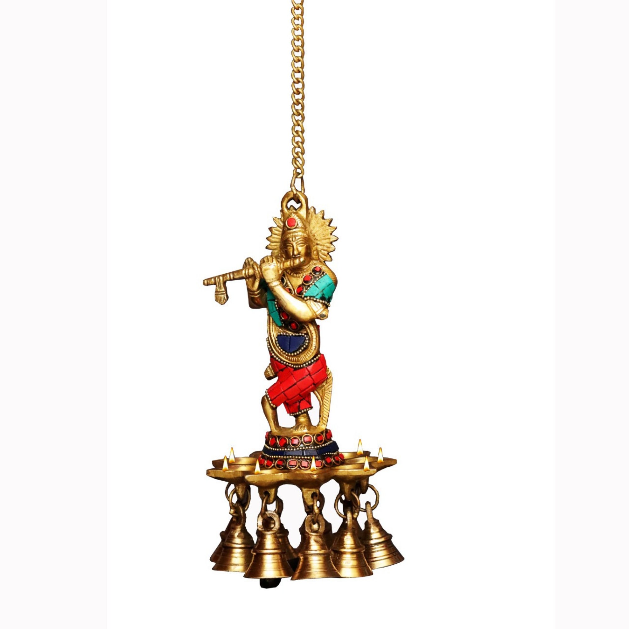Brass Krishna Wall Hanging Diya Oil Lamp With Bells Etsy