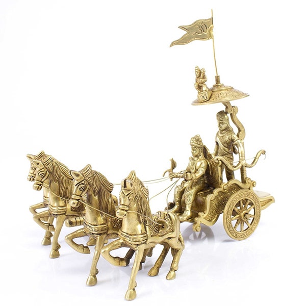 Krishna Arjuna Rath Chariot with 4 Horses Brass Showpiece, Showpieces for Home Decor, Krishna on Chariot Showpiece