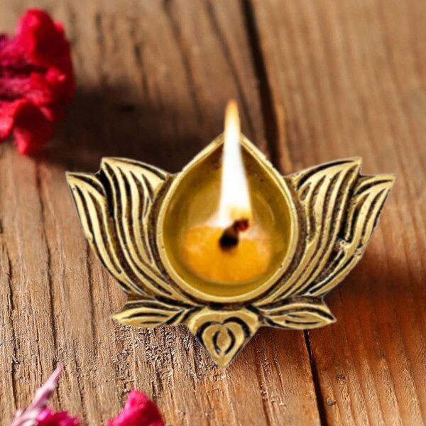 Lotus Brass Diyas, Brass Ethnic Indian Set, Oil Diya Lamp, Handmade Lamp, Brass Diya Set for Home Temple