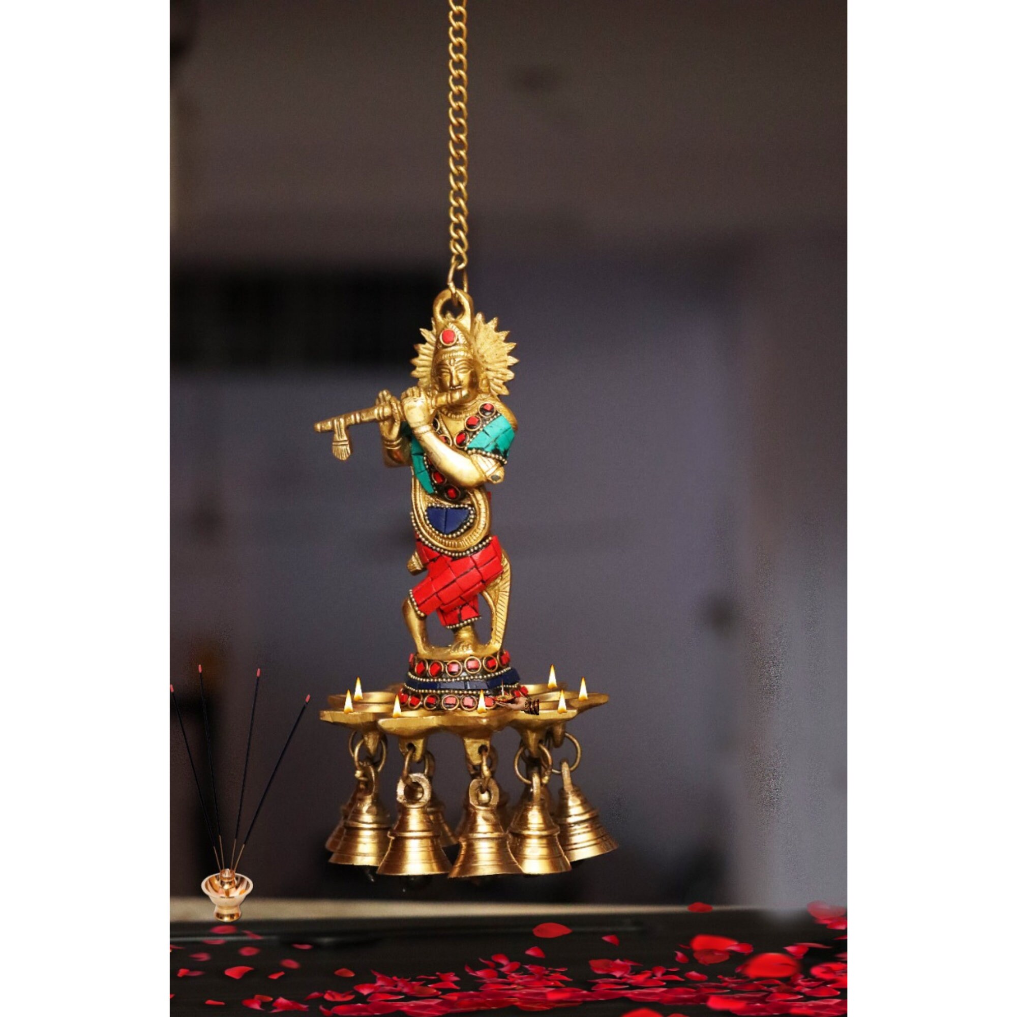 Brass Krishna Wall Hanging Diya Oil Lamp With Bells Traditional