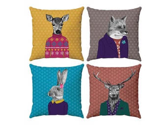Woodland Creatures Cushions 45cm x 45cm FILLED Cushions, Stag Cushion, Hare Cushion, Fox Cushion, Deer Cushion, Animal Cushion, Sofa Cushion
