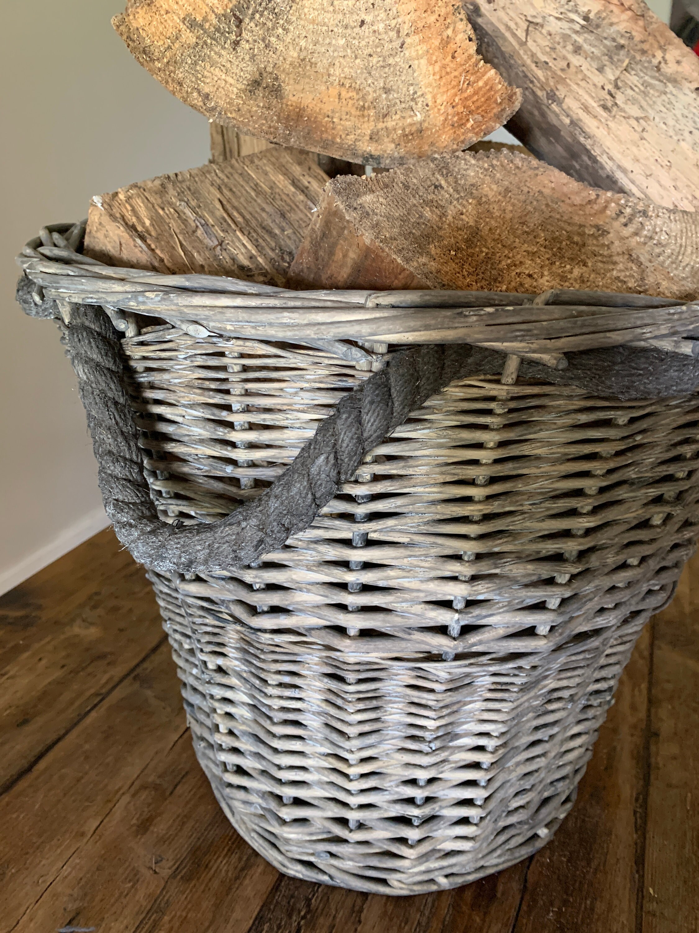 Round wicker LOG BASKET Antique Grey Wash Towel Basket Linen Etsy