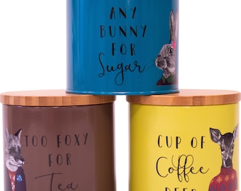 After Dark Woodland Creatures Tea, Coffee & Sugar Canisters Set with Wooden Lid