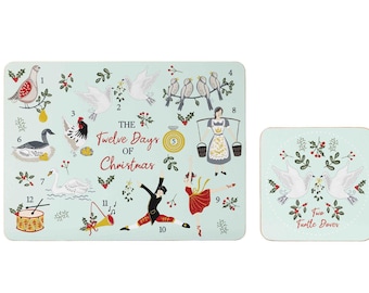 Set of 4 (8pc) 12 Days of Christmas Placemats & Coasters, Christmas mat
