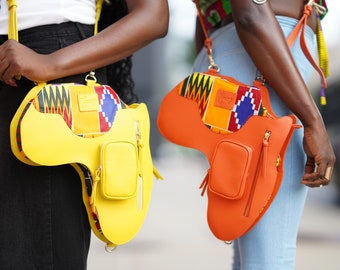 Leather Africa Map Bag: Kente Print Convertible Backpack Crossbody