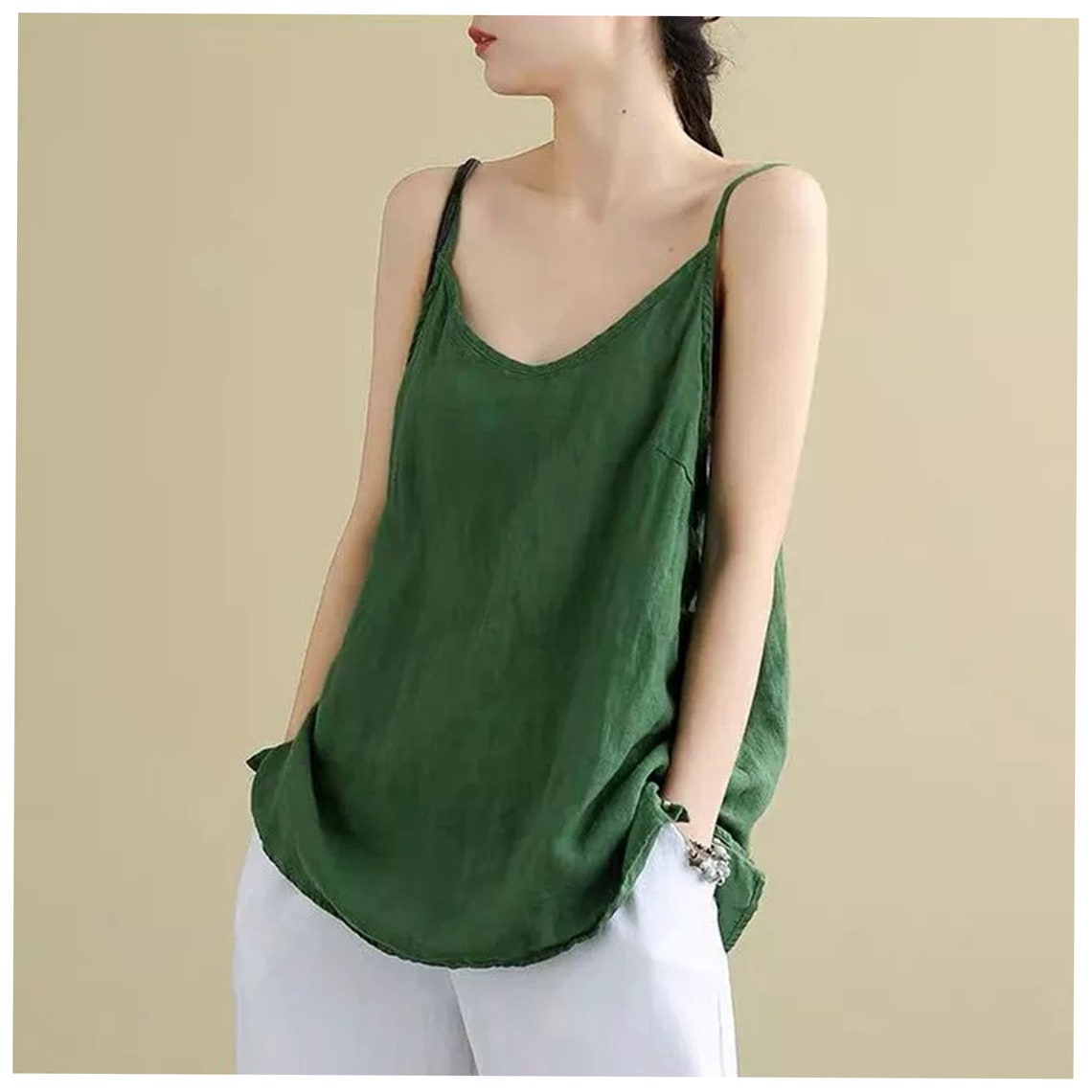 Spaghetti Strap Camis Cotton Linen V Neck Loose Tank Tops Etsy