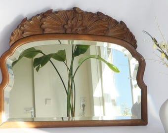 Antique Scalloped Half Moon Wall Mirror with Floral Carved Ornament,  Farmhouse Decor Wall Hanging, Dutch Wall Decor