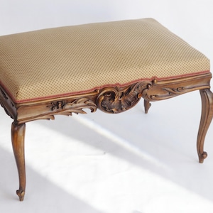 Victorian Rectangular Walnut Stool, Long Floral Carved Antique Ottoman, Foot Stool