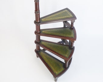 Original Victorian Vintage Library Steps with Green Leather, 50's Spiral Bookcase Ladder, Semicircular Steps