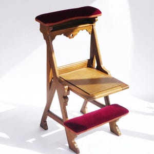 Antique Metamorphic Wooden Chair with Red Velvet, Ecclesiastical Design Chair, Prayer Chair, Foldable Seating