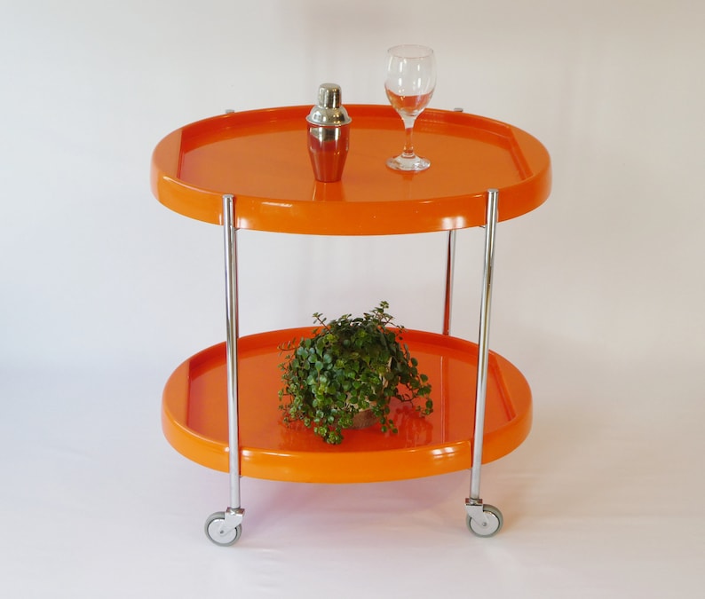 Vintage Orange and Chrome Foldable Bar Cart, Italian Space Age C Vintage Orange and Chrome Foldable Bar Cart, Italian Space Age C