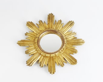 Mid Century Sunburst Wall Mirror, Golden Sun Mirror Hollywood Regency Wall Hanging, Original Vintage Florentine Gold Mirror