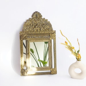 Dutch Copper Mirror Ornate Cabinet, Vintage Hanging Key Cabinet, Carved Storage Wall Hanging