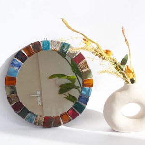 Vintage Round Colourful Mirror with Mosaic Ceramic Tiles, Handmade Mid Century Wall Mirror