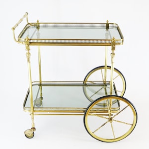 Vintage Hollywood Regency Brass Rectangular Bar Cart, Italian Neoclassical Trolley with Smoked Glass, Ornate Cocktail Cart